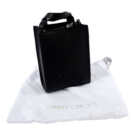 Jimmy Choo Black Leather Mini Shopper Handbag Crossbody Embossed Logo available at Queen Bee of Beverly Hills