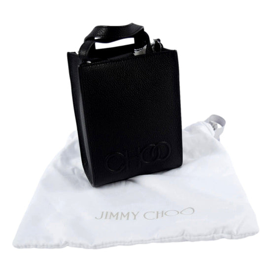 Jimmy Choo Black Leather Mini Shopper Handbag Crossbody Embossed Logo available at Queen Bee of Beverly Hills