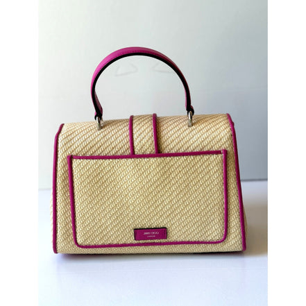 Jimmy Choo Cheri Crystal Medium Top Handle Bag Raffia Pink Leather Trim available at Queen Bee of Beverly Hills