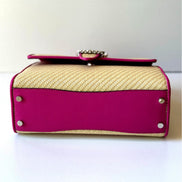 Jimmy Choo Cheri Crystal Medium Top Handle Bag Raffia Pink Leather Trim available at Queen Bee of Beverly Hills