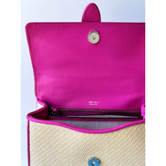 Jimmy Choo Cheri Crystal Medium Top Handle Bag Raffia Pink Leather Trim available at Queen Bee of Beverly Hills