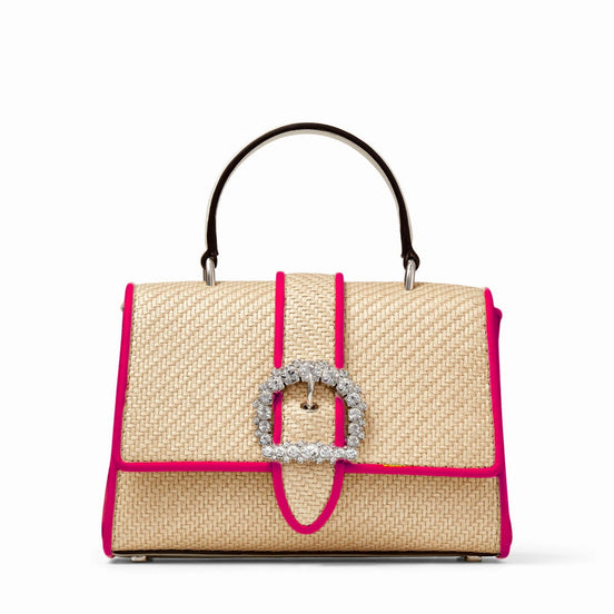 Jimmy Choo Cheri Crystal Medium Top Handle Bag Raffia Pink Leather Trim available at Queen Bee of Beverly Hills