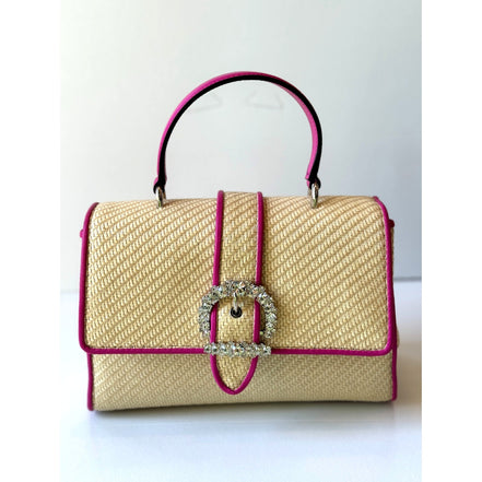 Jimmy Choo Cheri Crystal Medium Top Handle Bag Raffia Pink Leather Trim available at Queen Bee of Beverly Hills