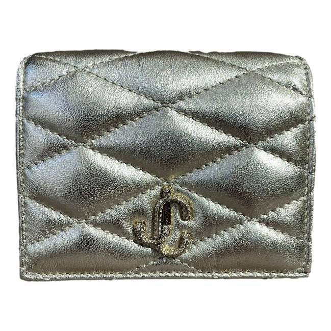 Jimmy Choo Farone Champagne Metallic Leather Card Case Wallet available at Queen Bee of Beverly Hills