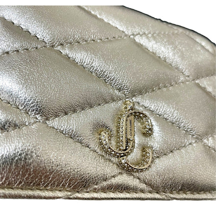 Jimmy Choo Farone Champagne Metallic Leather Card Case Wallet available at Queen Bee of Beverly Hills