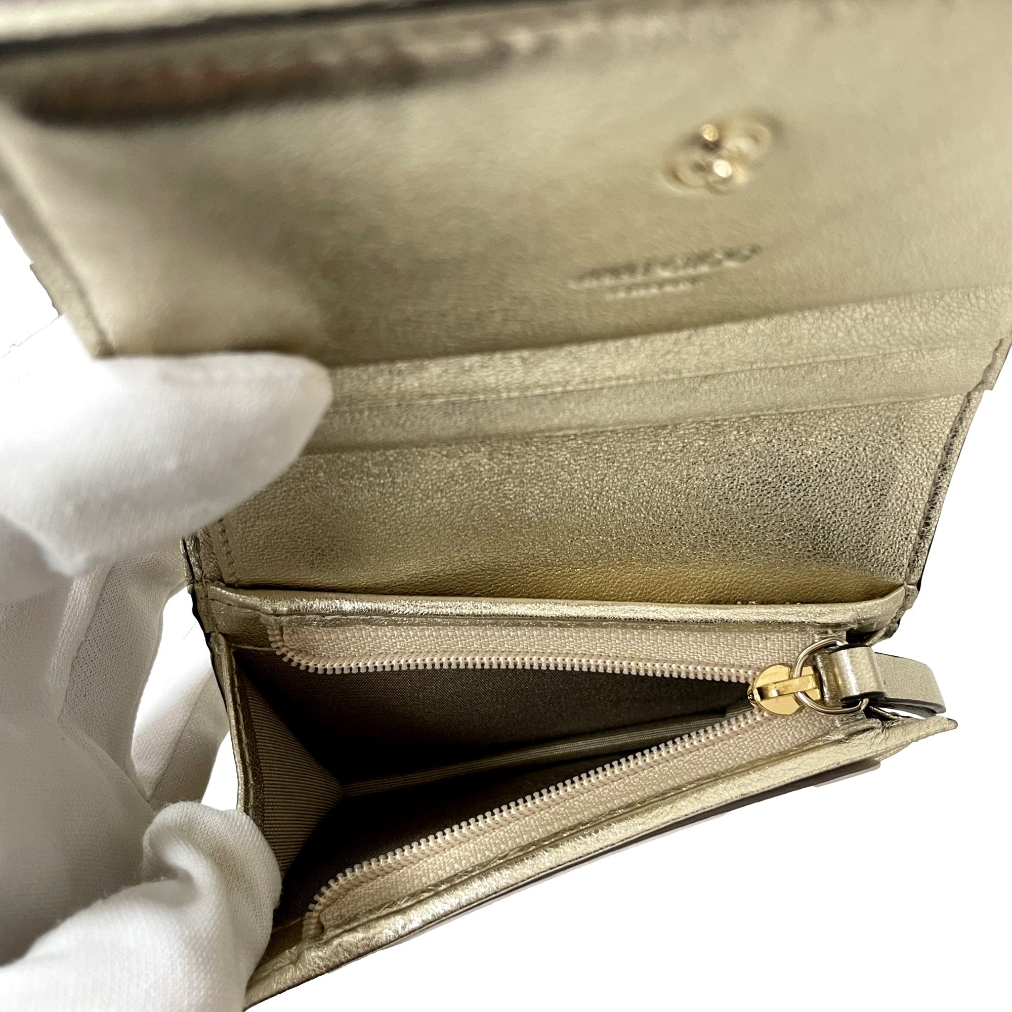 Jimmy Choo Farone Champagne Metallic Leather Card Case Wallet available at Queen Bee of Beverly Hills