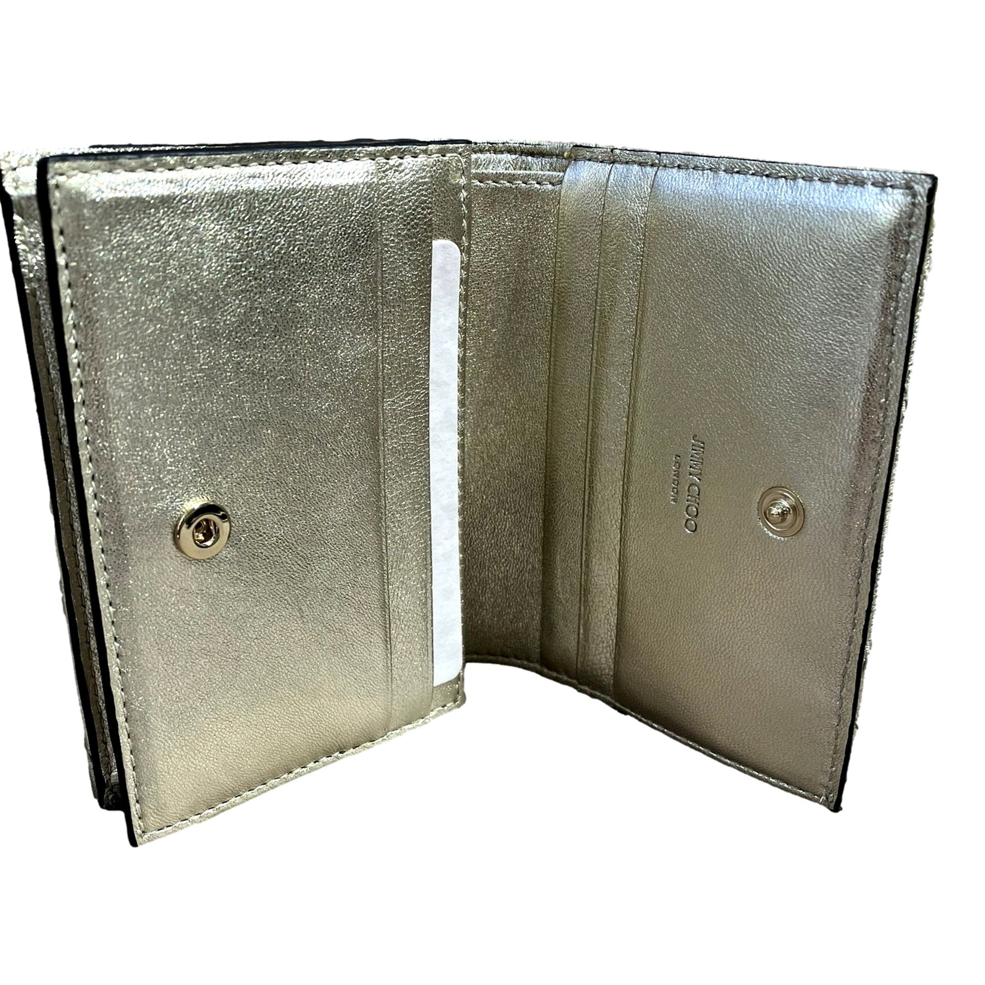 Jimmy Choo Farone Champagne Metallic Leather Card Case Wallet available at Queen Bee of Beverly Hills
