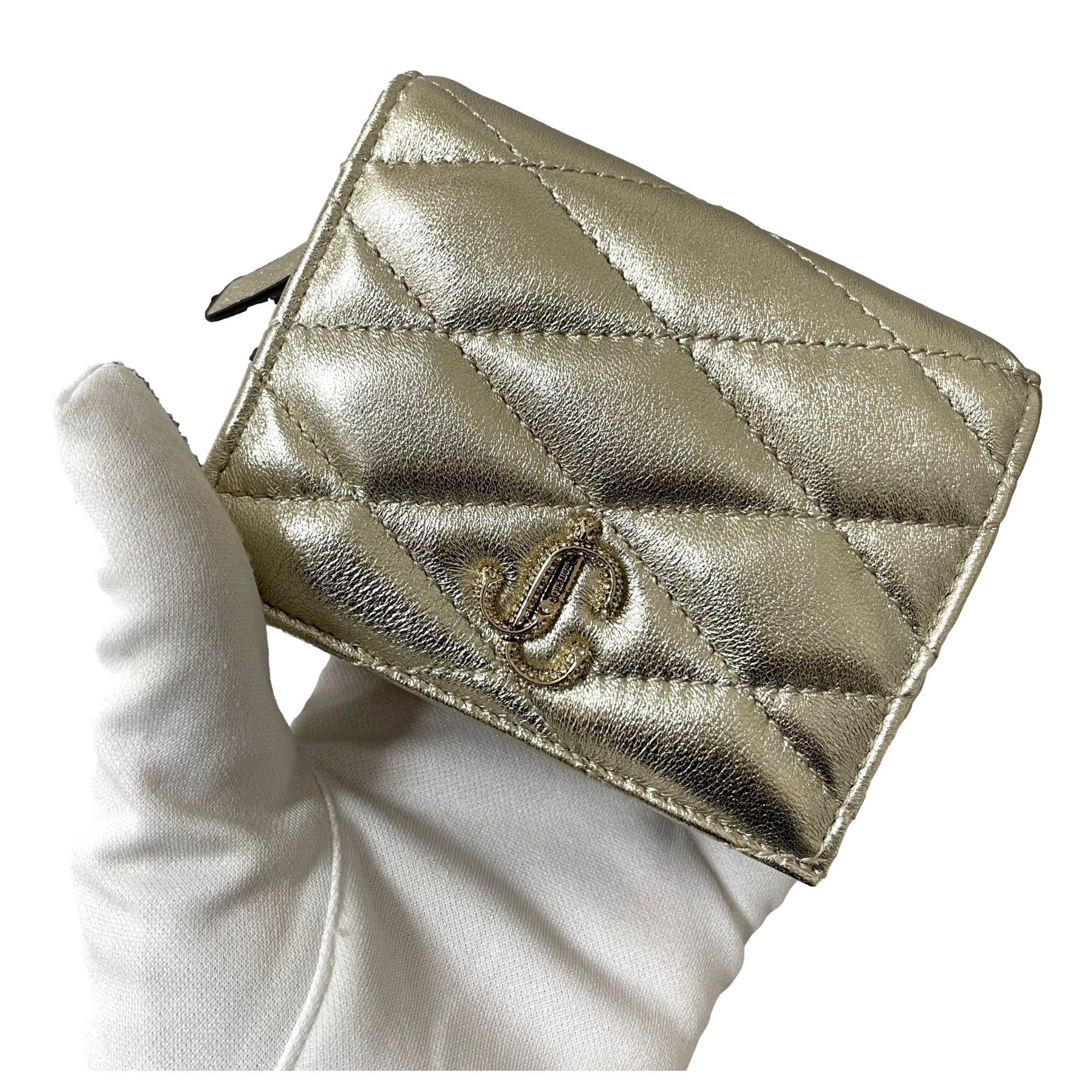 Jimmy Choo Farone Champagne Metallic Leather Card Case Wallet available at Queen Bee of Beverly Hills