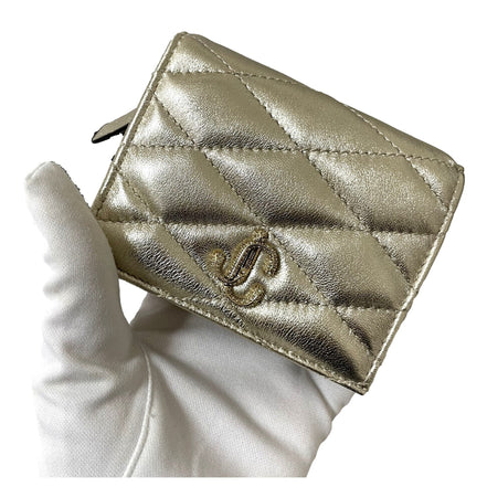 Jimmy Choo Farone Champagne Metallic Leather Card Case Wallet available at Queen Bee of Beverly Hills