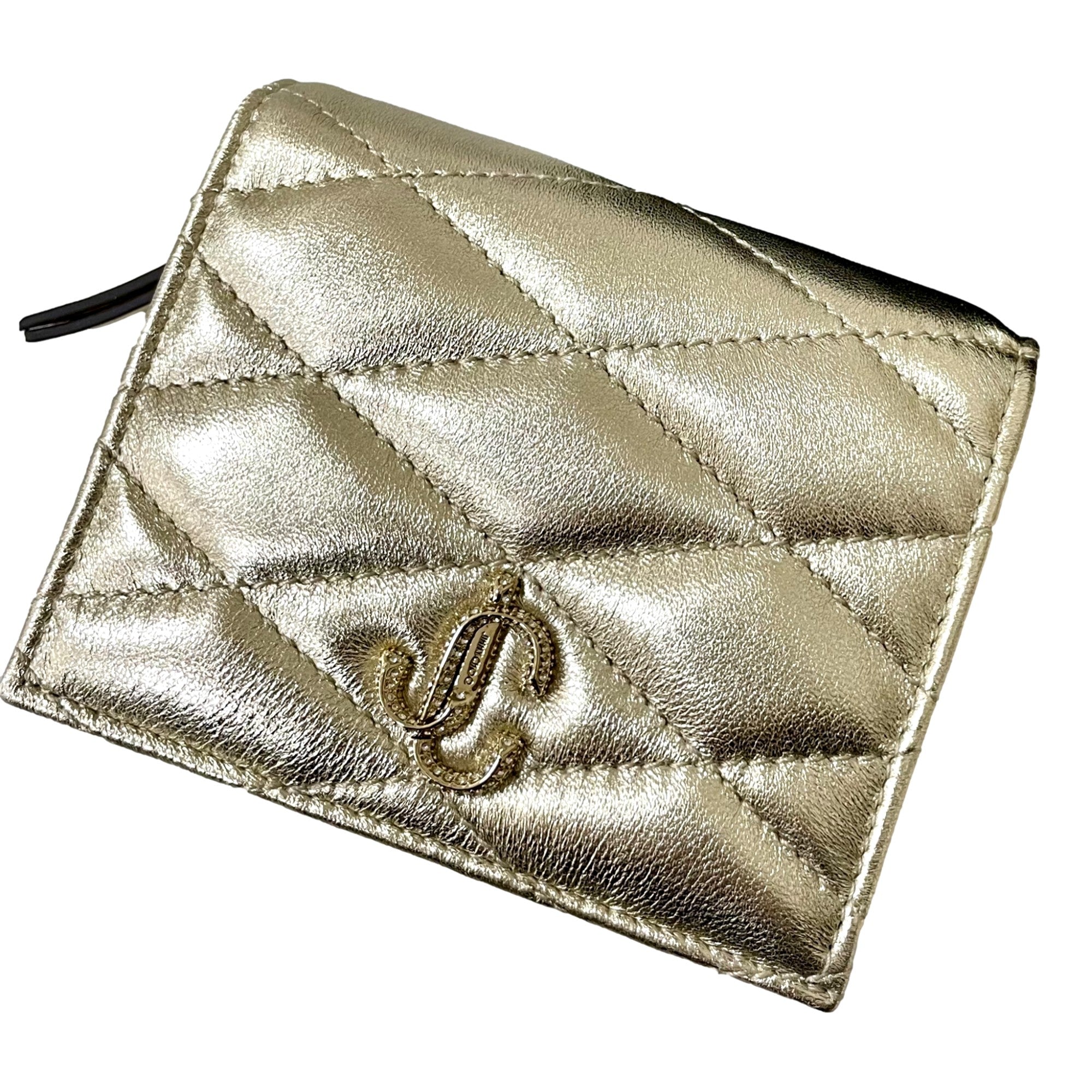 Jimmy Choo Farone Champagne Metallic Leather Card Case Wallet available at Queen Bee of Beverly Hills