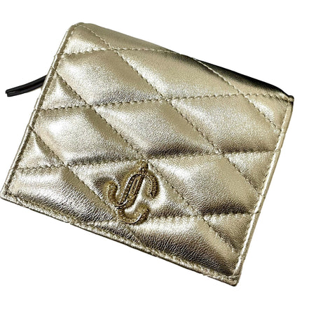 Jimmy Choo Farone Champagne Metallic Leather Card Case Wallet available at Queen Bee of Beverly Hills