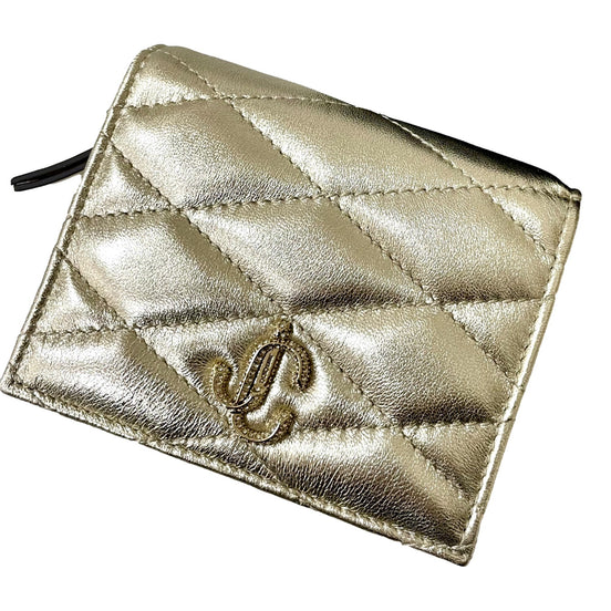 Jimmy Choo Farone Champagne Metallic Leather Card Case Wallet available at Queen Bee of Beverly Hills