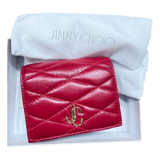 Jimmy Choo Farone Raspberry Red Leather Card Case Folding Wallet available at Queen Bee of Beverly Hills