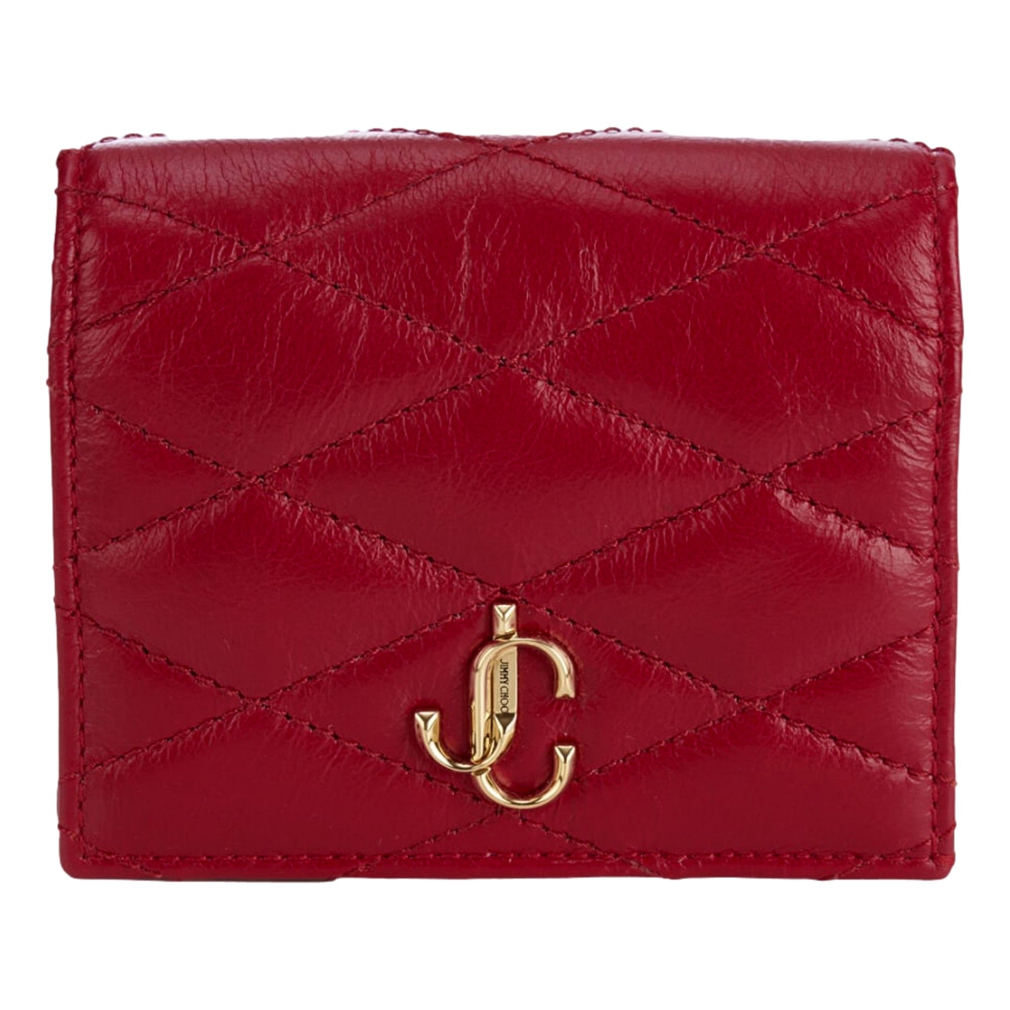 Jimmy Choo Farone Raspberry Red Leather Card Case Folding Wallet available at Queen Bee of Beverly Hills