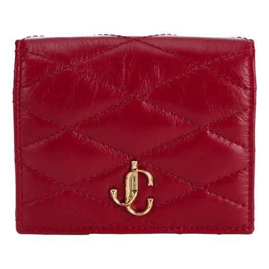 Jimmy Choo Farone Raspberry Red Leather Card Case Folding Wallet available at Queen Bee of Beverly Hills