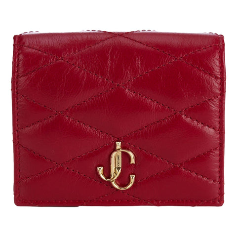 Jimmy Choo Farone Raspberry Red Leather Card Case Folding Wallet available at Queen Bee of Beverly Hills