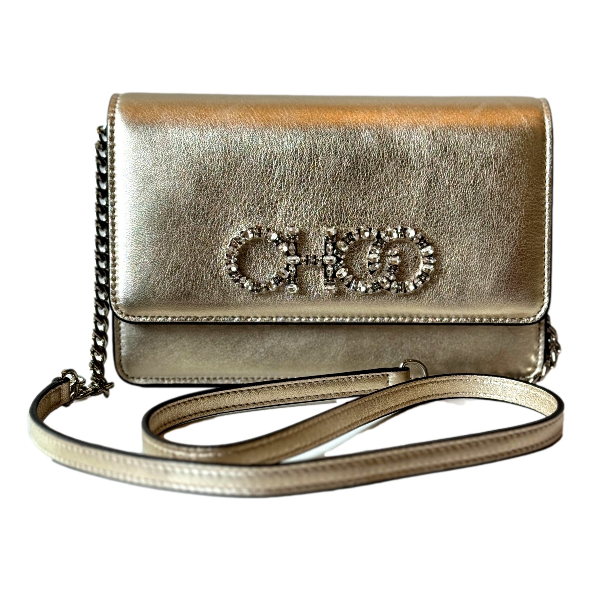 Jimmy Choo Kalina  Crossbody Clutch Bag Crystal Logo Metallic Gold available at Queen Bee of Beverly Hills