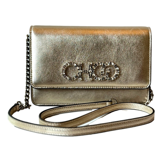 Jimmy Choo Kalina  Crossbody Clutch Bag Crystal Logo Metallic Gold available at Queen Bee of Beverly Hills