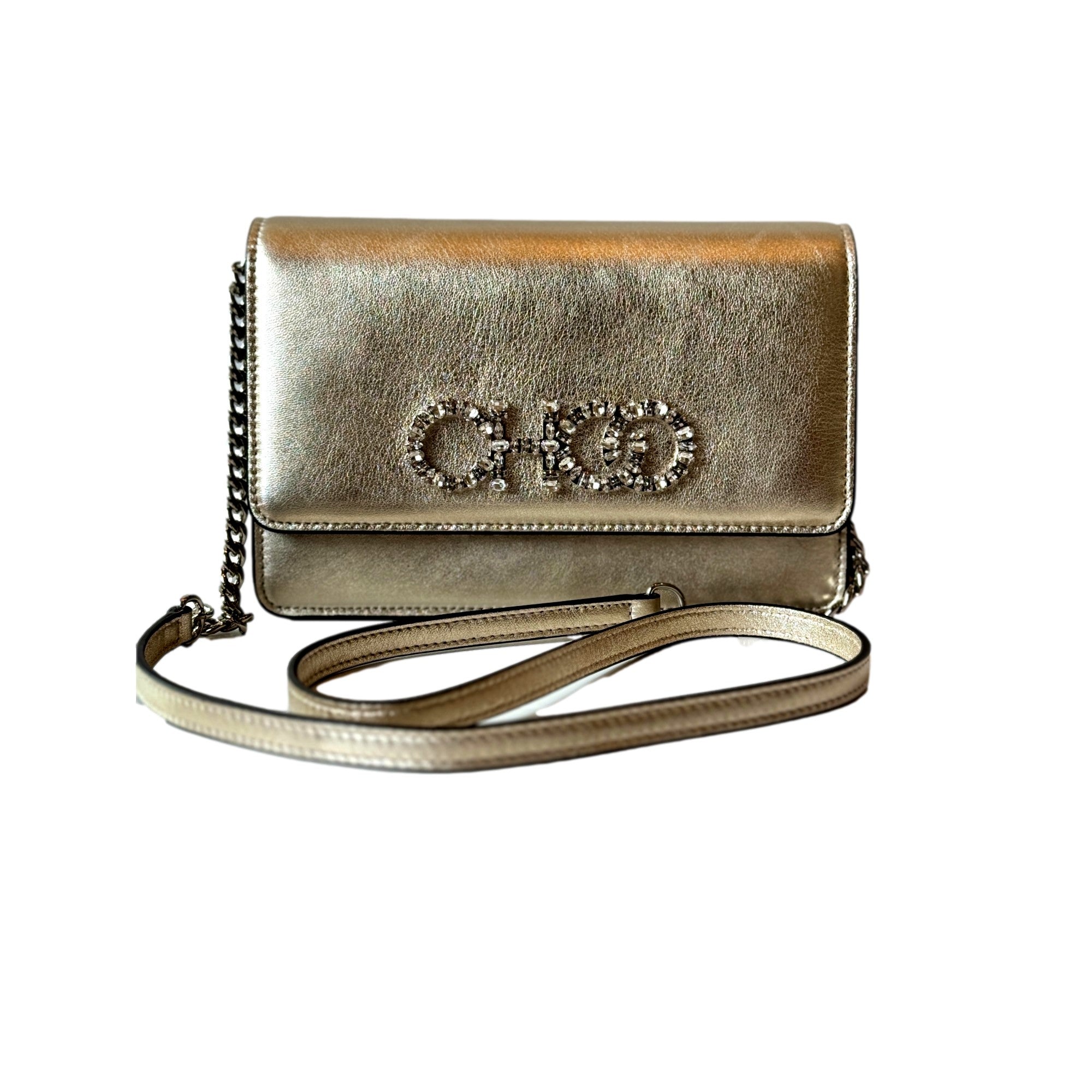 Jimmy Choo Kalina  Crossbody Clutch Bag Crystal Logo Metallic Gold available at Queen Bee of Beverly Hills