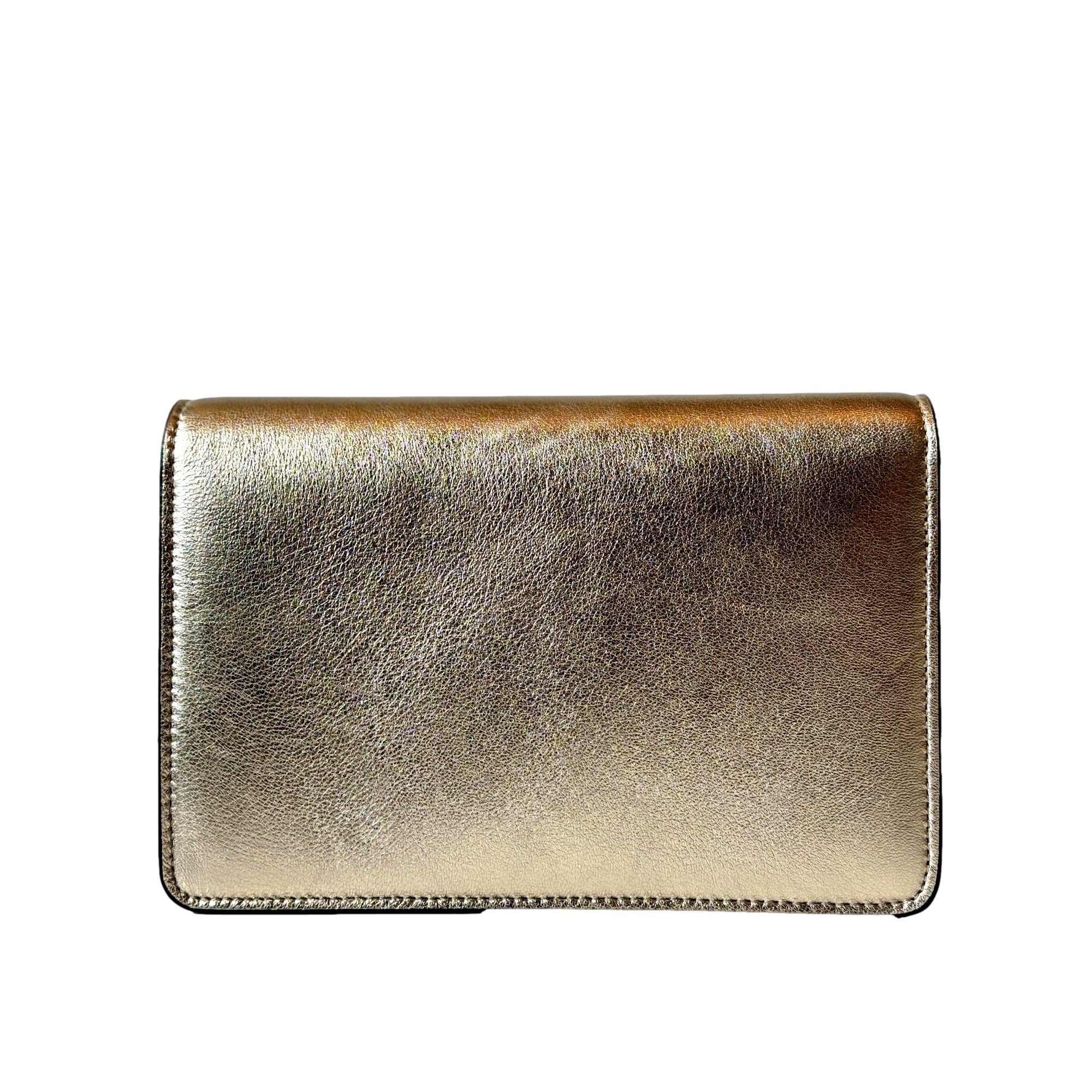Jimmy Choo Kalina  Crossbody Clutch Bag Crystal Logo Metallic Gold available at Queen Bee of Beverly Hills