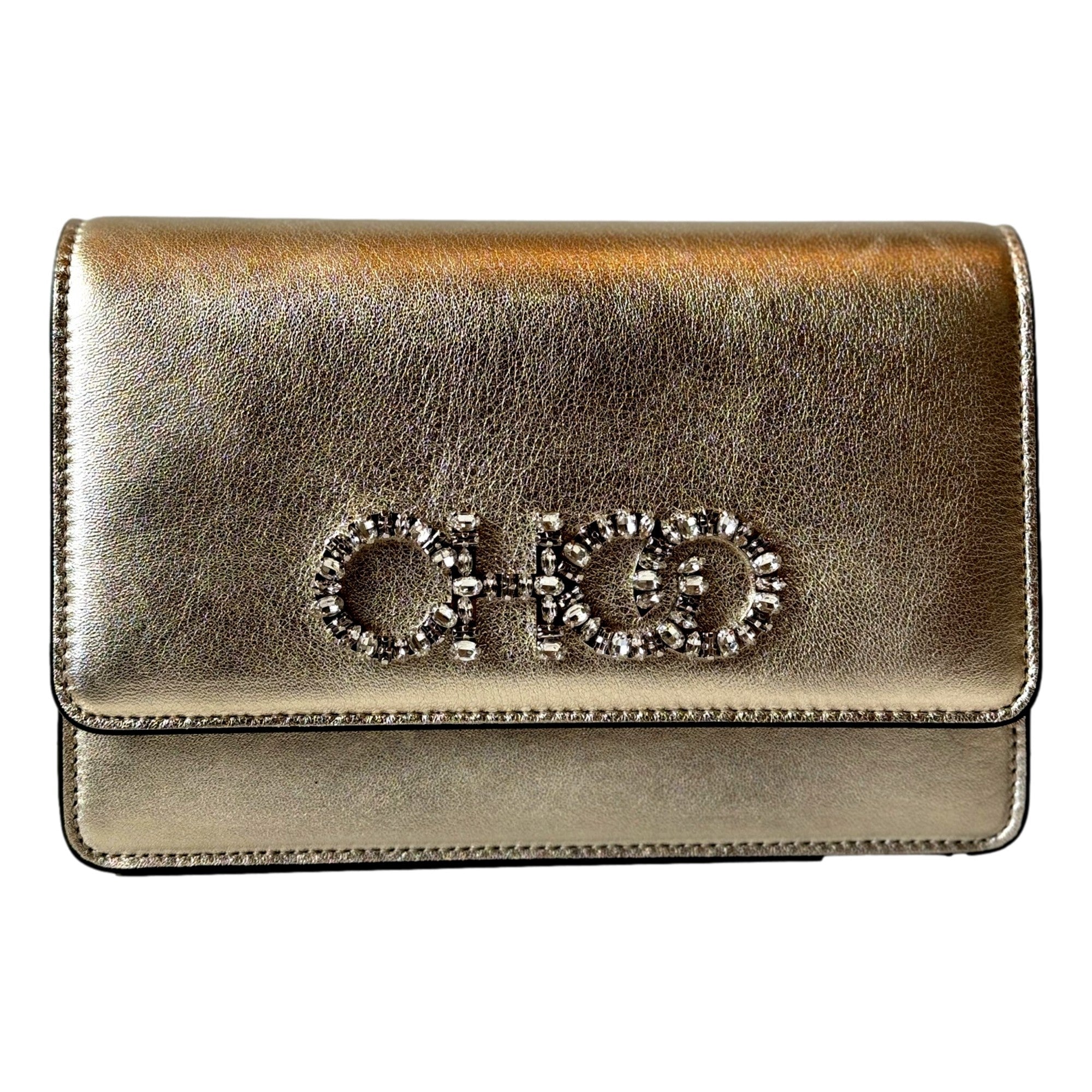 Jimmy Choo Kalina  Crossbody Clutch Bag Crystal Logo Metallic Gold available at Queen Bee of Beverly Hills