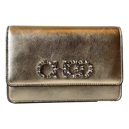 Jimmy Choo Kalina  Crossbody Clutch Bag Crystal Logo Metallic Gold available at Queen Bee of Beverly Hills