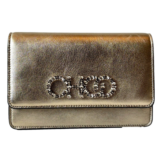 Jimmy Choo Kalina  Crossbody Clutch Bag Crystal Logo Metallic Gold available at Queen Bee of Beverly Hills