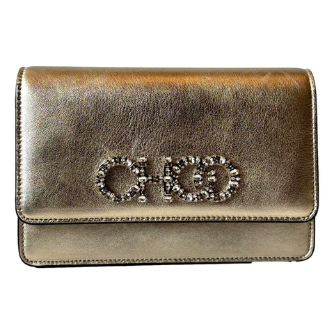 Jimmy Choo Kalina  Crossbody Clutch Bag Crystal Logo Metallic Gold available at Queen Bee of Beverly Hills