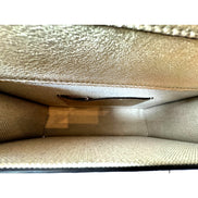Jimmy Choo Kalina  Crossbody Clutch Bag Crystal Logo Metallic Gold available at Queen Bee of Beverly Hills