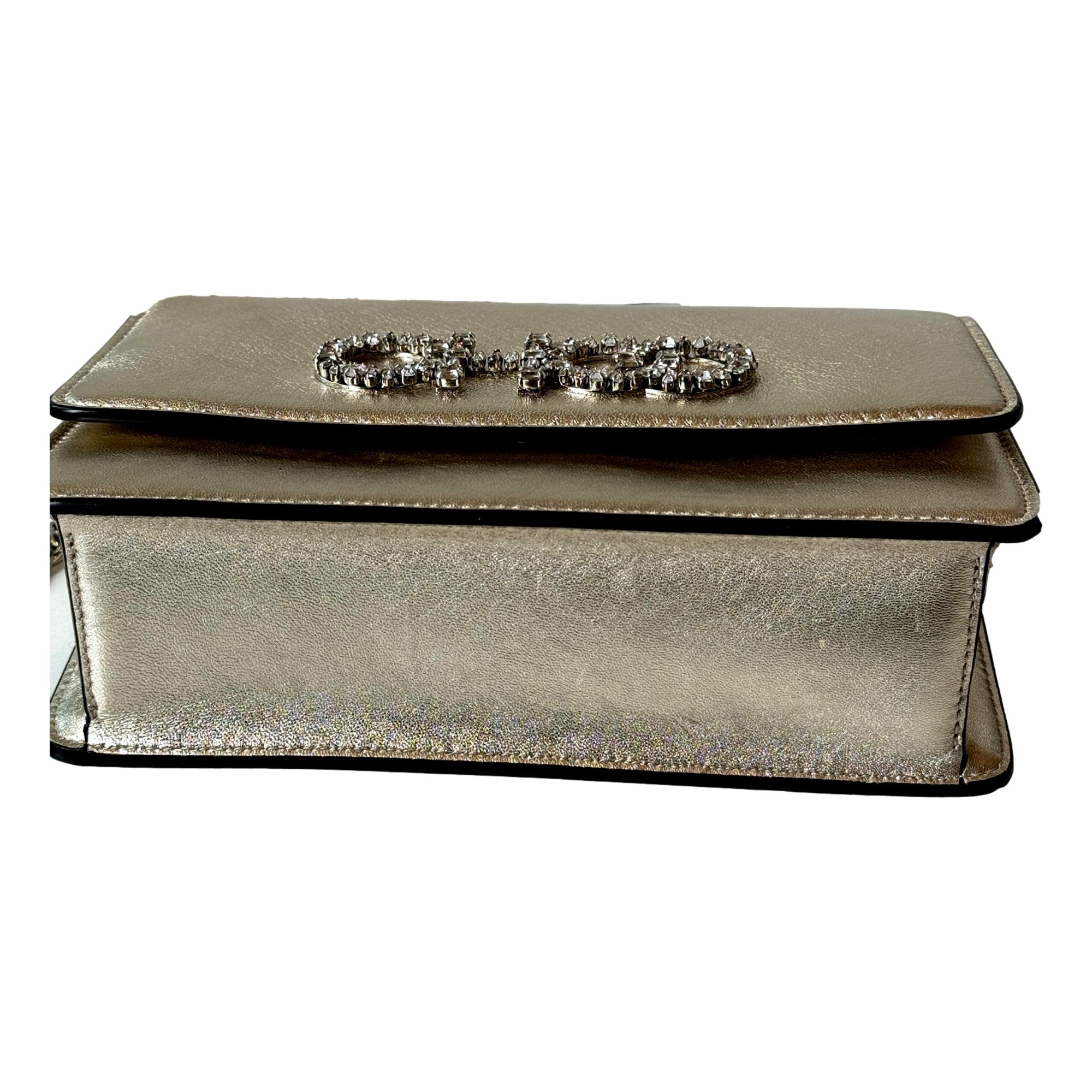 Jimmy Choo Kalina  Crossbody Clutch Bag Crystal Logo Metallic Gold available at Queen Bee of Beverly Hills