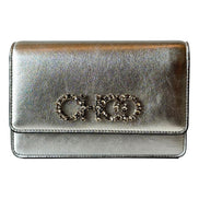 Jimmy Choo Kalina  Crossbody Clutch Bag Crystal Logo Metallic Silver available at Queen Bee of Beverly Hills