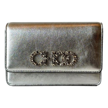 Jimmy Choo Kalina  Crossbody Clutch Bag Crystal Logo Metallic Silver available at Queen Bee of Beverly Hills