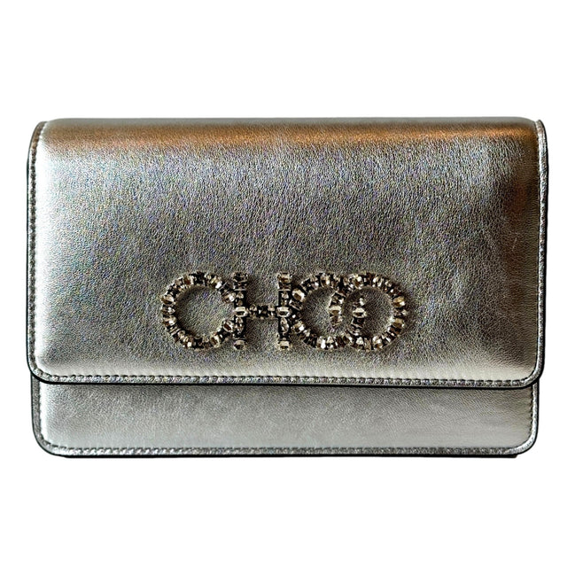 Jimmy Choo Kalina  Crossbody Clutch Bag Crystal Logo Metallic Silver available at Queen Bee of Beverly Hills