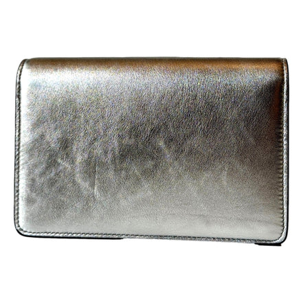 Jimmy Choo Kalina  Crossbody Clutch Bag Crystal Logo Metallic Silver available at Queen Bee of Beverly Hills