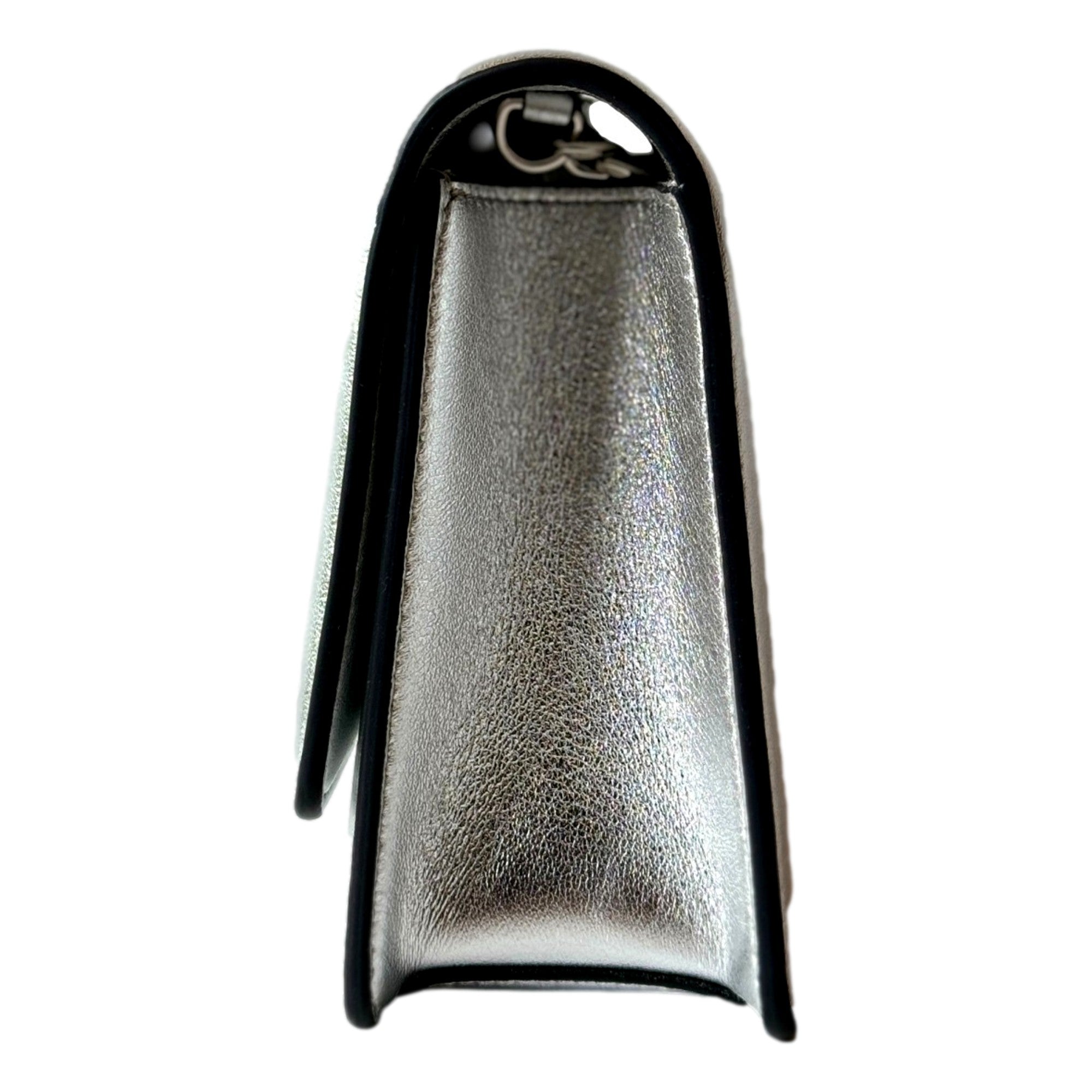 Jimmy Choo Kalina  Crossbody Clutch Bag Crystal Logo Metallic Silver available at Queen Bee of Beverly Hills