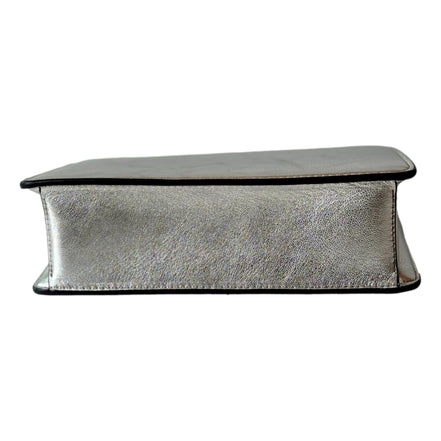 Jimmy Choo Kalina  Crossbody Clutch Bag Crystal Logo Metallic Silver available at Queen Bee of Beverly Hills