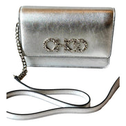 Jimmy Choo Kalina  Crossbody Clutch Bag Crystal Logo Metallic Silver available at Queen Bee of Beverly Hills