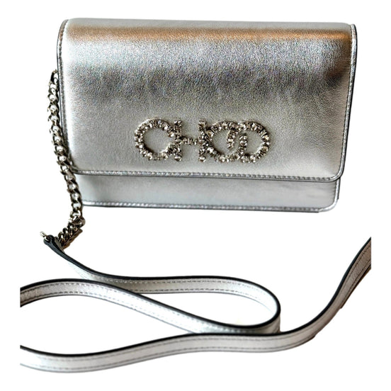 Jimmy Choo Kalina  Crossbody Clutch Bag Crystal Logo Metallic Silver available at Queen Bee of Beverly Hills