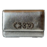 Jimmy Choo Kalina  Crossbody Clutch Bag Crystal Logo Metallic Silver available at Queen Bee of Beverly Hills