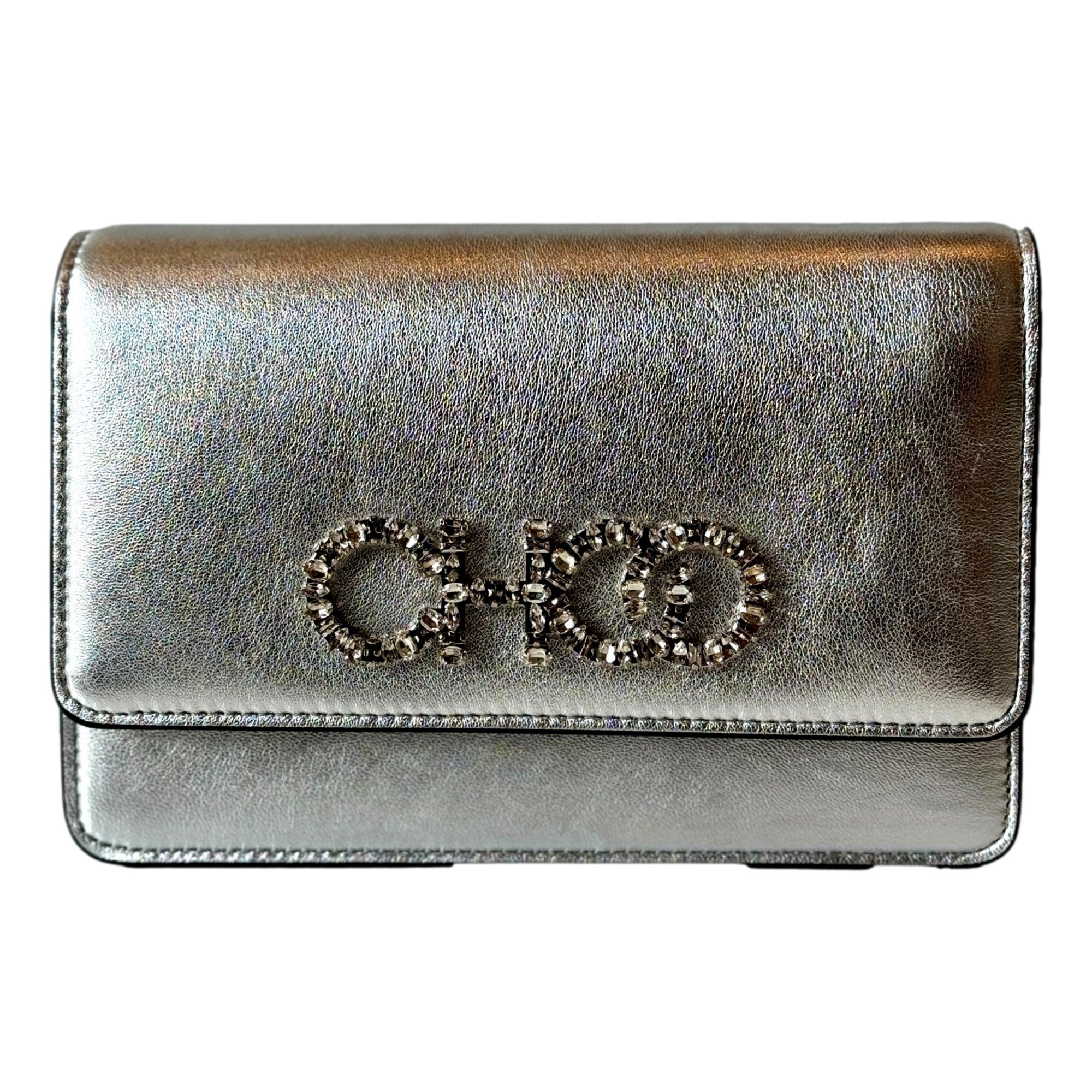 Jimmy Choo Kalina  Crossbody Clutch Bag Crystal Logo Metallic Silver available at Queen Bee of Beverly Hills