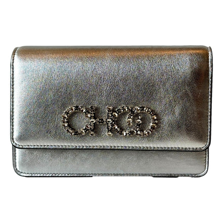 Jimmy Choo Kalina  Crossbody Clutch Bag Crystal Logo Metallic Silver available at Queen Bee of Beverly Hills