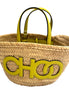 Jimmy Choo Logo Crossbody Tote Bag Natural Raffia Citron Yellow Trim available at Queen Bee of Beverly Hills