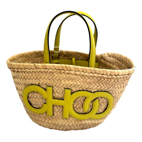 Jimmy Choo Logo Crossbody Tote Bag Natural Raffia Citron Yellow Trim available at Queen Bee of Beverly Hills