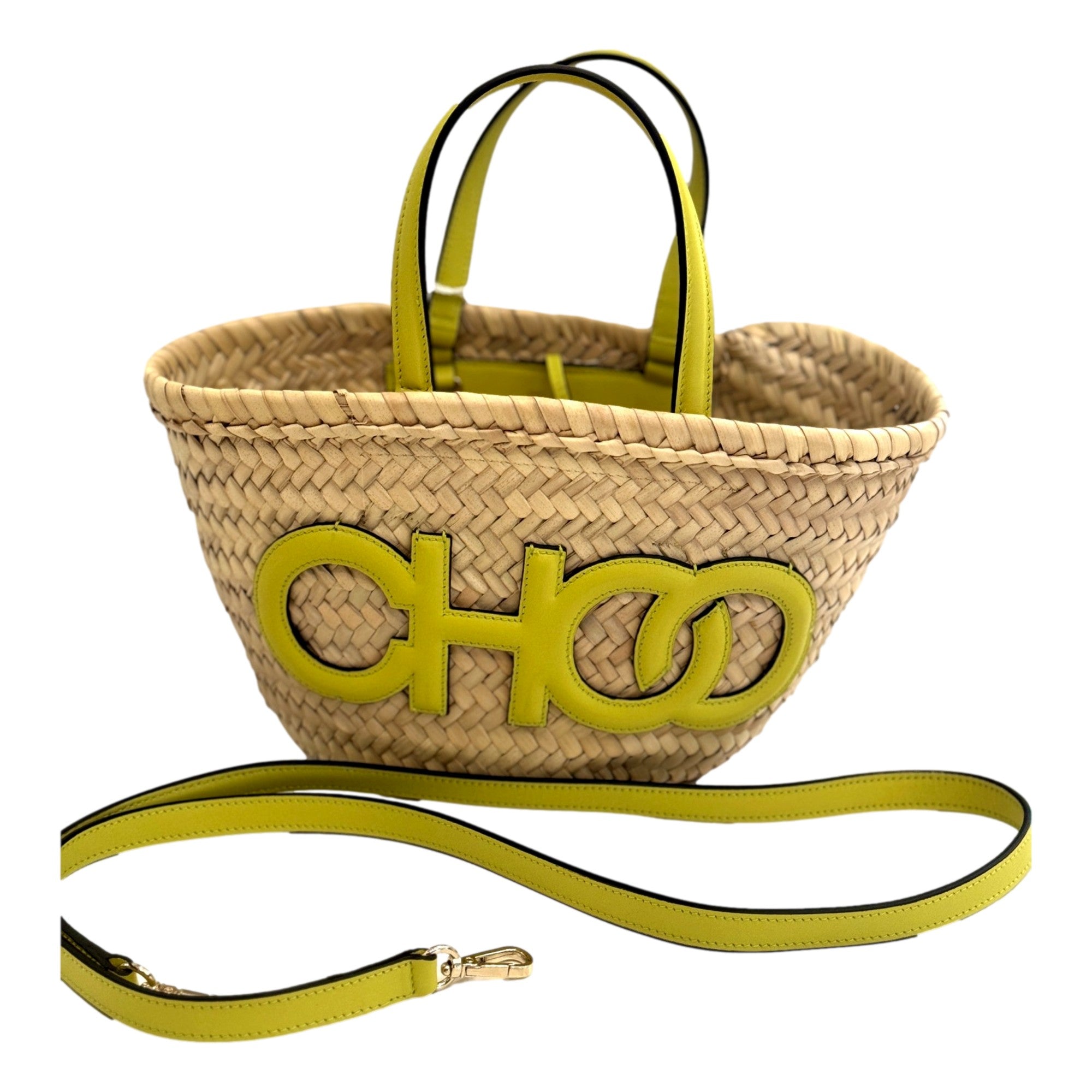 Jimmy Choo Logo Crossbody Tote Bag Natural Raffia Citron Yellow Trim available at Queen Bee of Beverly Hills