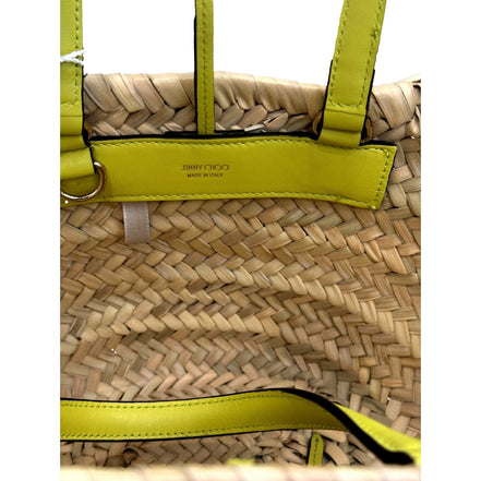 Jimmy Choo Logo Crossbody Tote Bag Natural Raffia Citron Yellow Trim available at Queen Bee of Beverly Hills