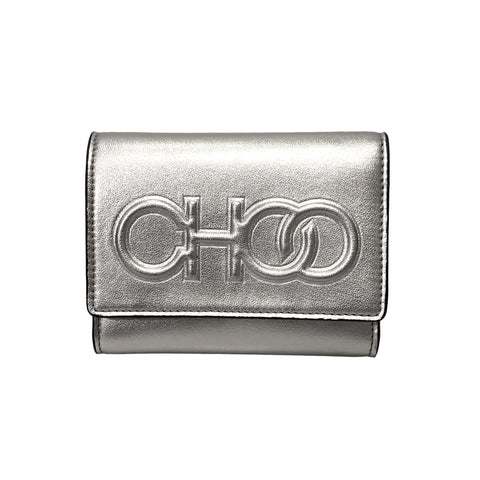 Jimmy Choo Loni Embossed Metallic Silver Leather Trifold Wallet at_Queen_Bee_of_Beverly_Hills