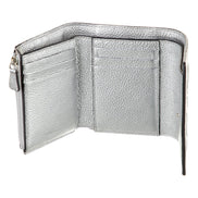 Jimmy Choo Loni Silver Leather Embossed Logo Tri-Fold Card Case Wallet available at Queen Bee of Beverly Hills