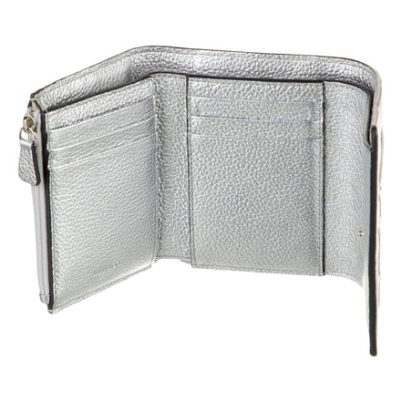 Jimmy Choo Loni Silver Leather Embossed Logo Tri-Fold Card Case Wallet available at Queen Bee of Beverly Hills