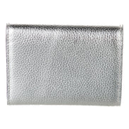 Jimmy Choo Loni Silver Leather Embossed Logo Tri-Fold Card Case Wallet available at Queen Bee of Beverly Hills