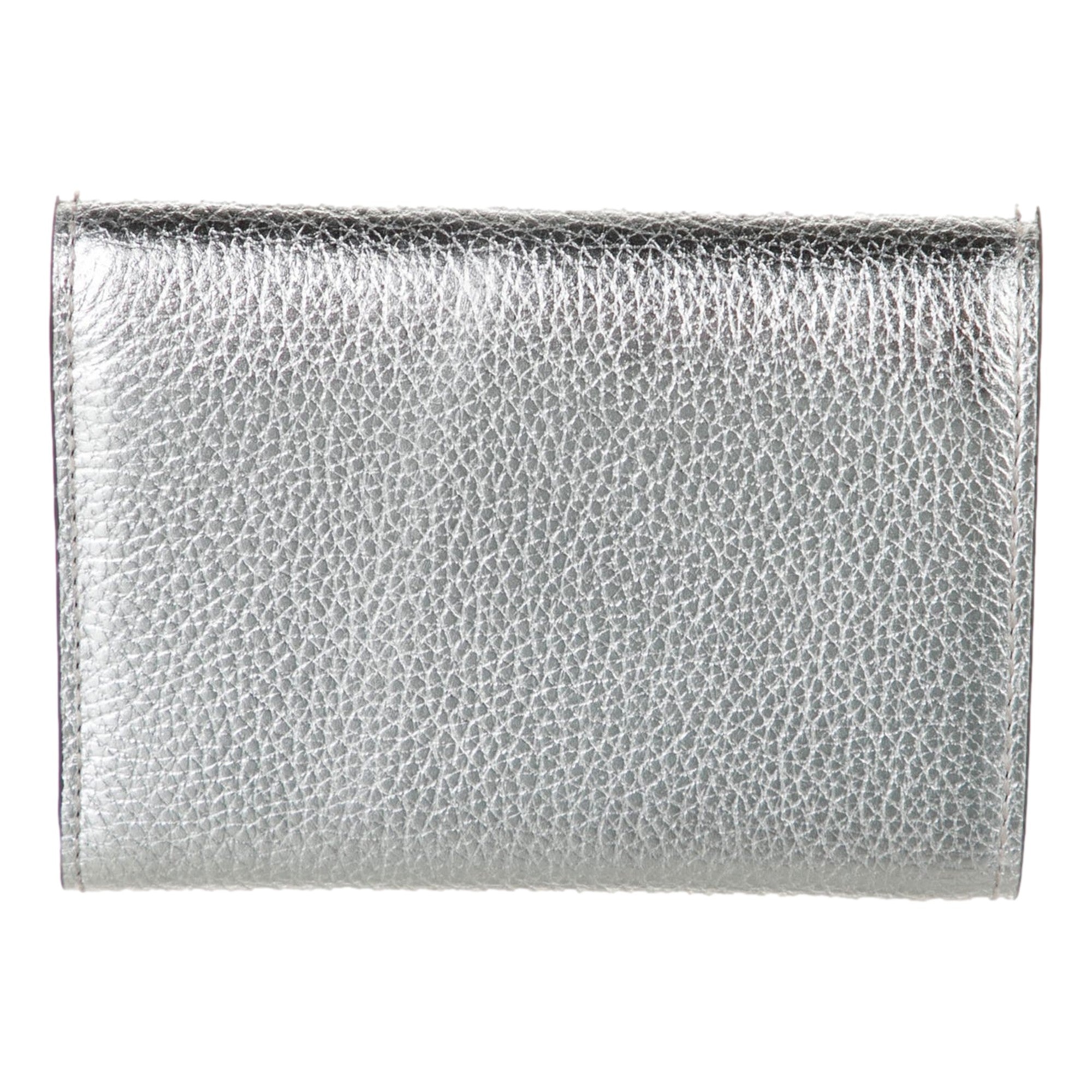 Jimmy Choo Loni Silver Leather Embossed Logo Tri-Fold Card Case Wallet available at Queen Bee of Beverly Hills